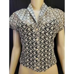 Nicole Farhi Size 8 Beige & Black Short Sleeves Top Blouse button down Sz 8
